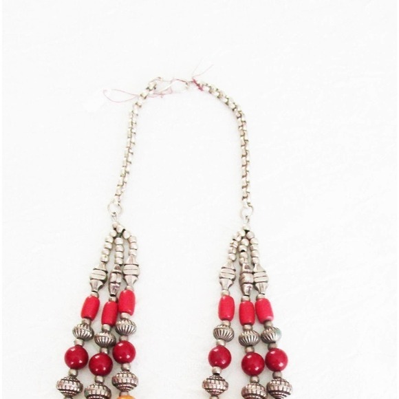 Vintage Three Strand Silver, Deep Red and Butterscotch Beaded Necklace - Picture 4 of 4